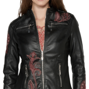 Charlotte Women Black Floral Embroidered Leather Jacket