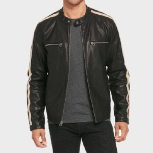 Men Racing Stripes Motorcycle Leather Jacket.