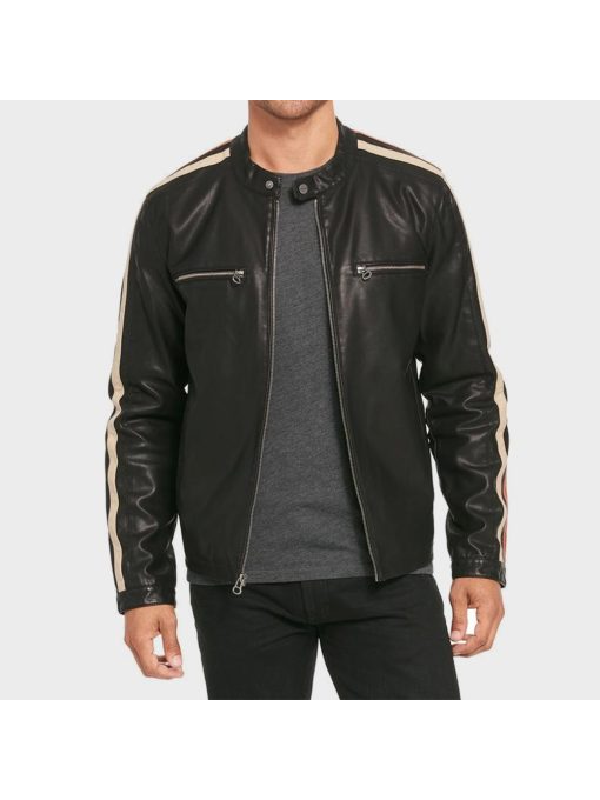 Men Racing Stripes Motorcycle Leather Jacket.