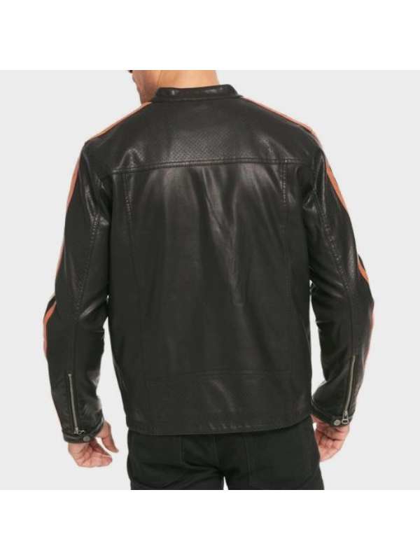 Men Racing Stripes Motorcycle Leather Jacket.