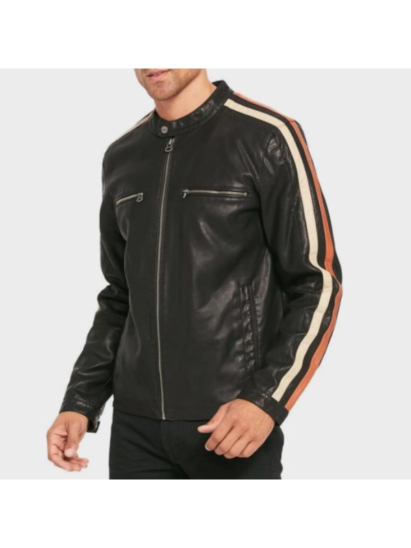 Men Racing Stripes Motorcycle Leather Jacket.
