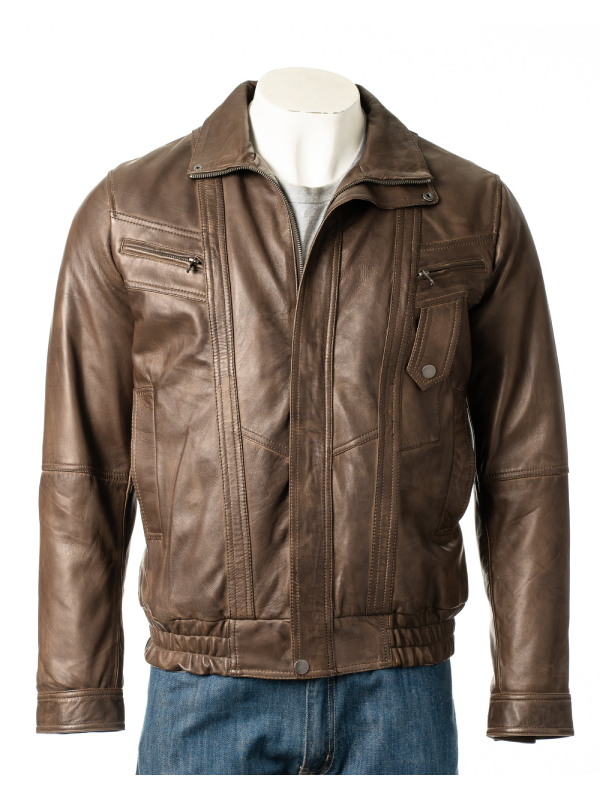 Men's Antique Brown Pocket Detail Blouson Style Leather Jacket: Tony