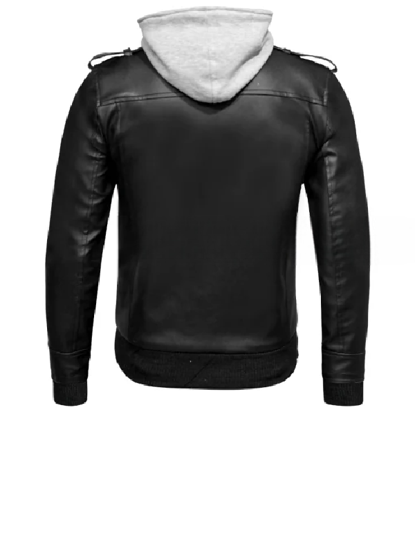 Mens Black Leather Jacket with Grey Hood