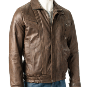 Men's Antique Brown Pocket Detail Blouson Style Leather Jacket: Tony