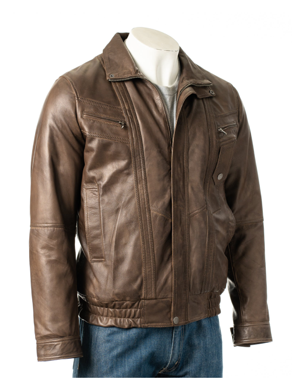 Men's Antique Brown Pocket Detail Blouson Style Leather Jacket: Tony