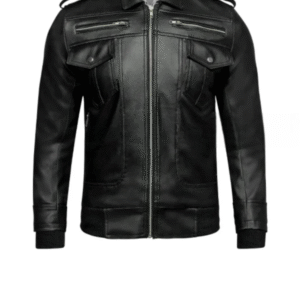 Mens Black Leather Jacket with Grey Hood