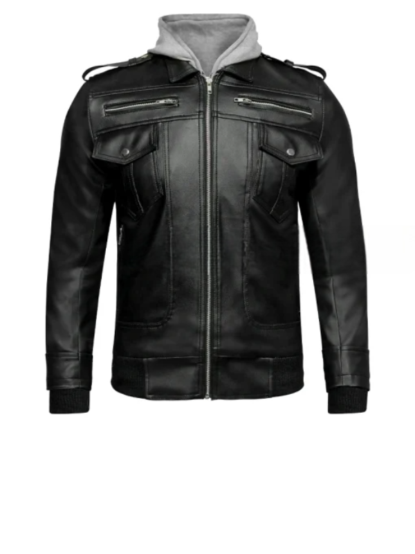 Mens Black Leather Jacket with Grey Hood