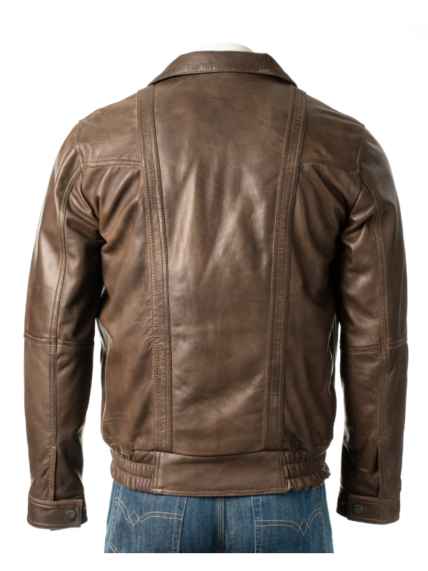 Men's Antique Brown Pocket Detail Blouson Style Leather Jacket: Tony