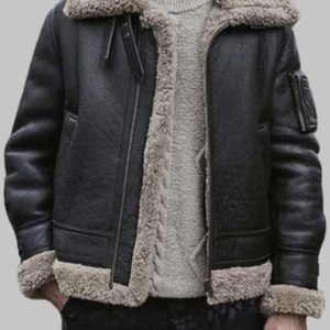 Men Black Sheepskin Leather Shearling Jacket