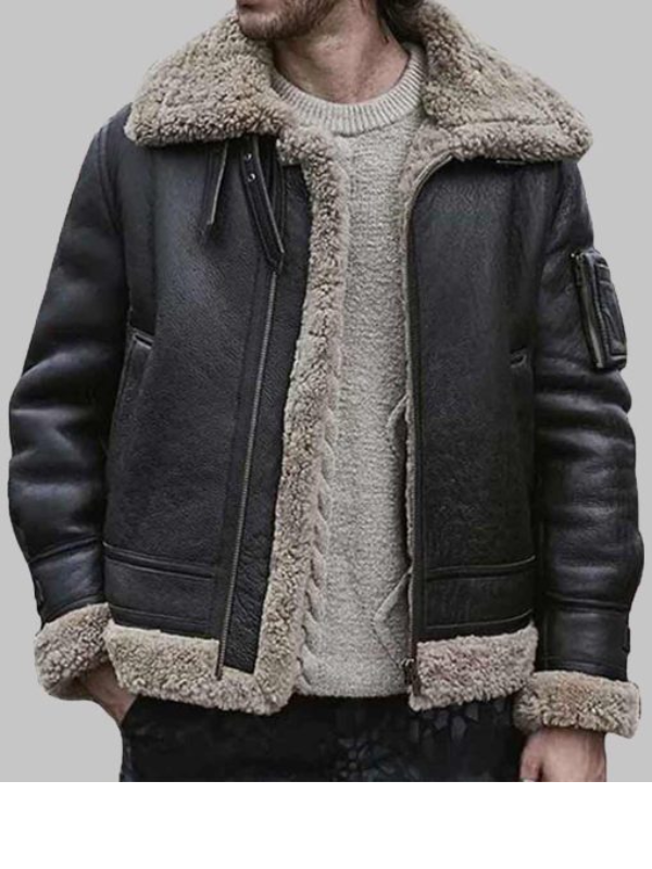 Men Black Sheepskin Leather Shearling Jacket