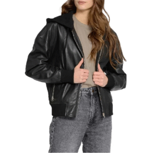 Women Black Hooded Leather Bomber Jacket with Removable Hood.