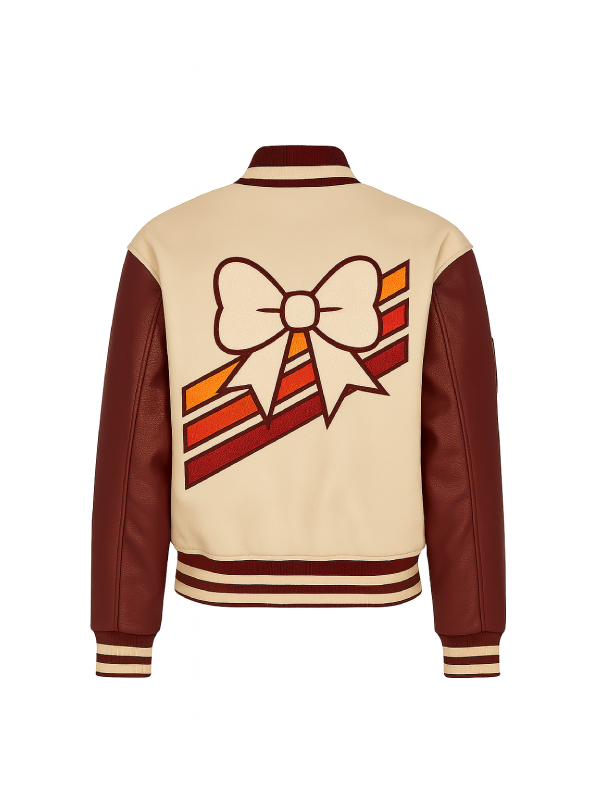 Unisex Beige ‘V’ Patch Wool Varsity Leather Jacket