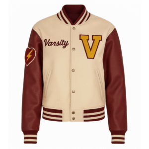 Unisex Beige ‘V’ Patch Wool Varsity Leather Jacket