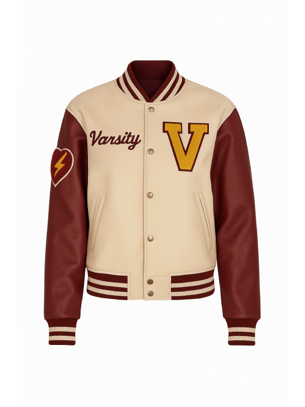Unisex Beige ‘V’ Patch Wool Varsity Leather Jacket